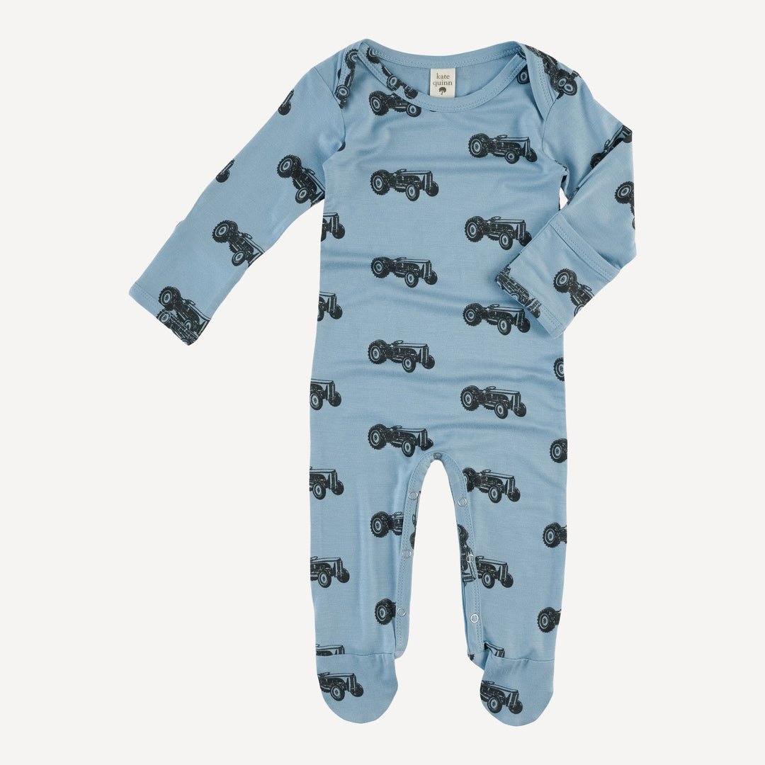 long sleeve lap neck footie | tractor | bamboo