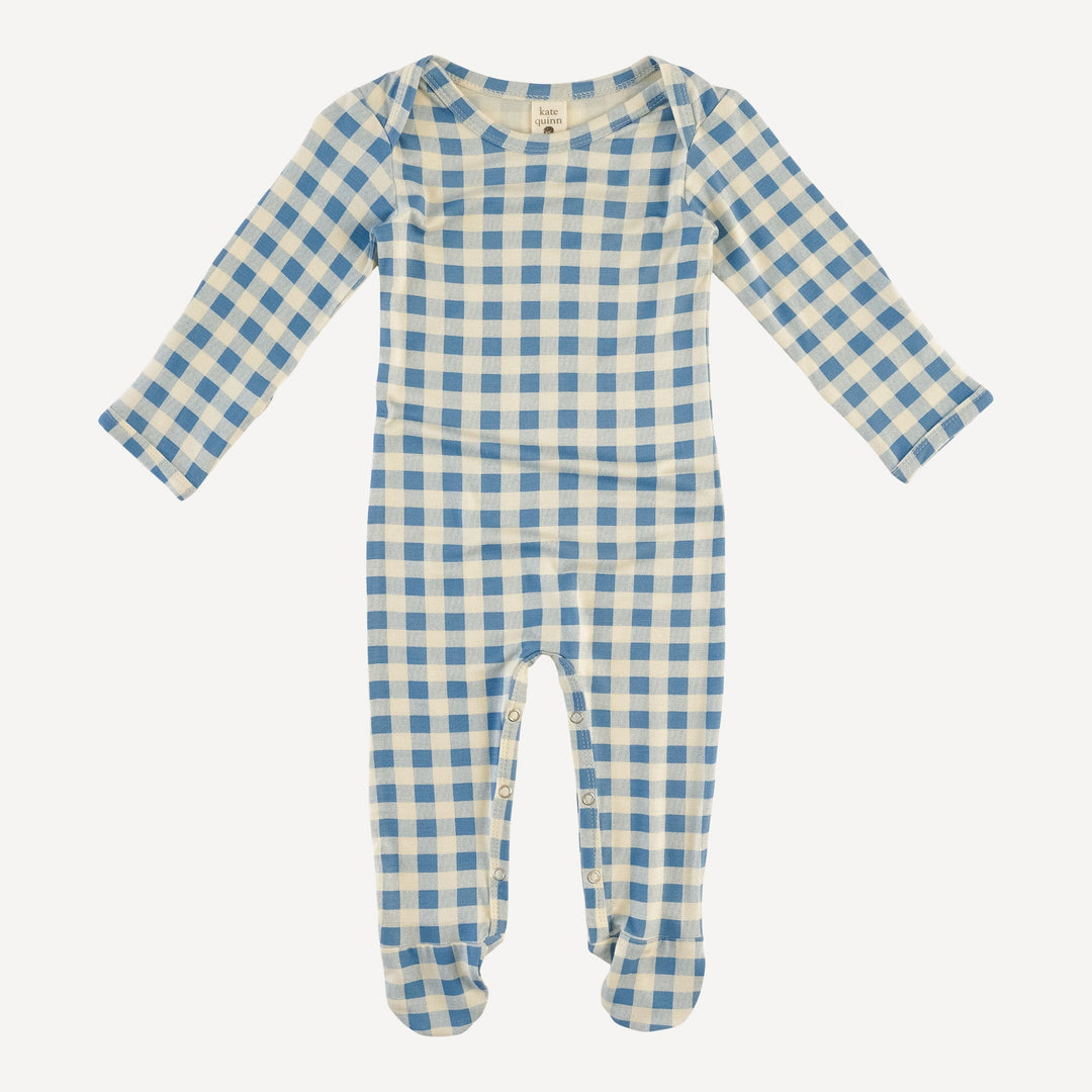 long sleeve lap neck footie | blue gingham | bamboo