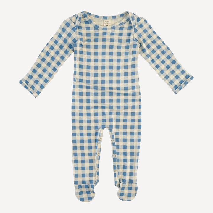 long sleeve lap neck footie | blue gingham | bamboo