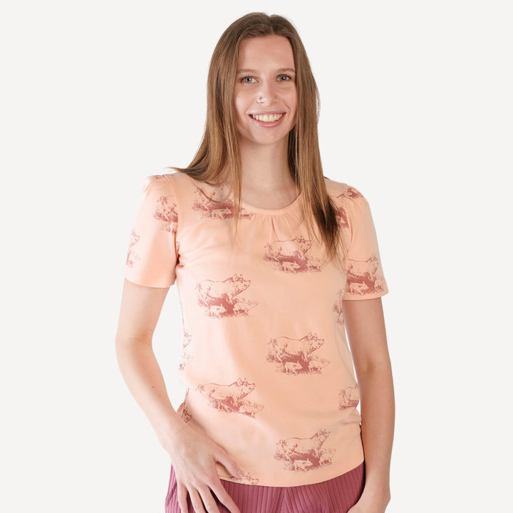 womens short puff sleeve scoop neck top | rose piggies | organic cotton interlock