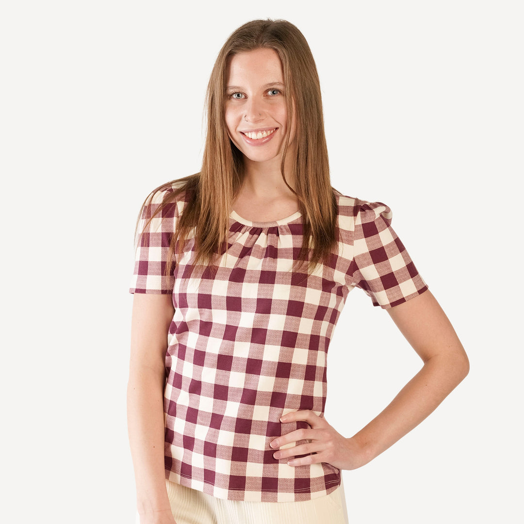 womens short puff sleeve scoop neck top | bordeaux gingham | organic cotton interlock