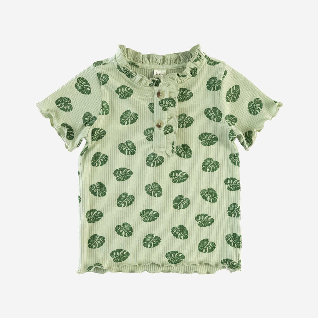 short sleeve ruffle henley top | tiny monstera | modal skinny rib