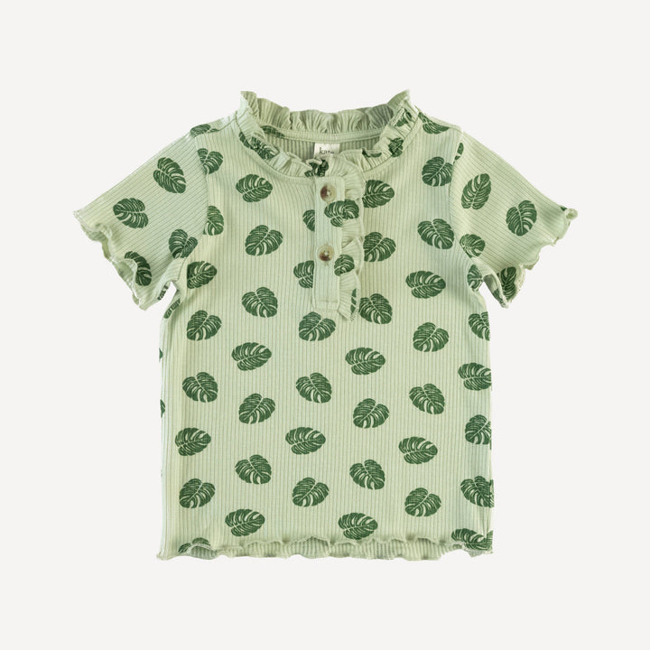 short sleeve ruffle henley top | tiny monstera | modal skinny rib