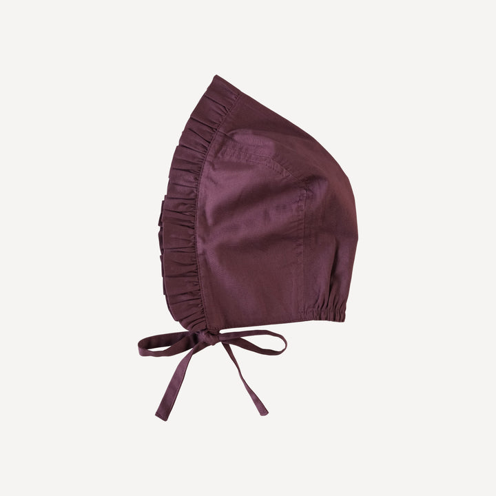 embroidered small ruffle bonnet | fig | poplin