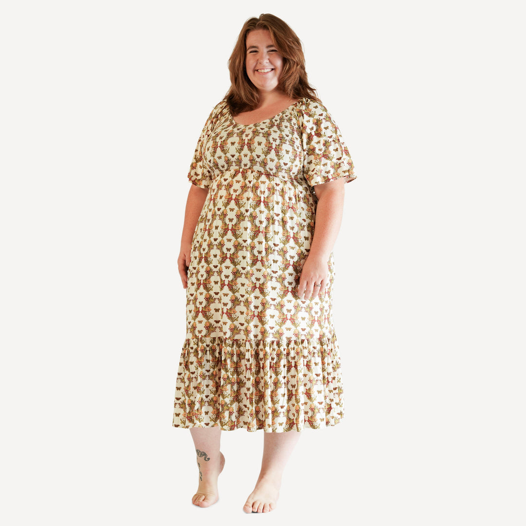 womens flutter sleeve smocked midi dress | forest floral butterfly | bamboo