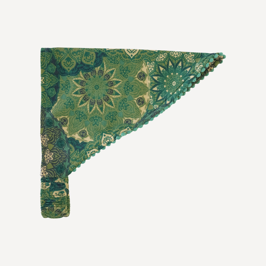 bandana pom pom headband | green mandala | organic cotton