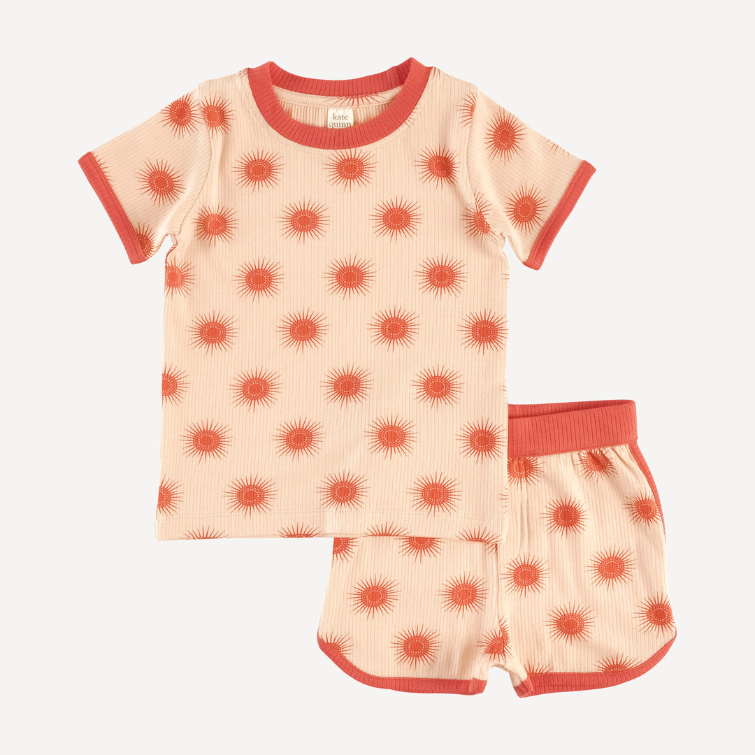 short sleeve ringer tee + retro track short set | emberglow tiny sun | modal skinny rib
