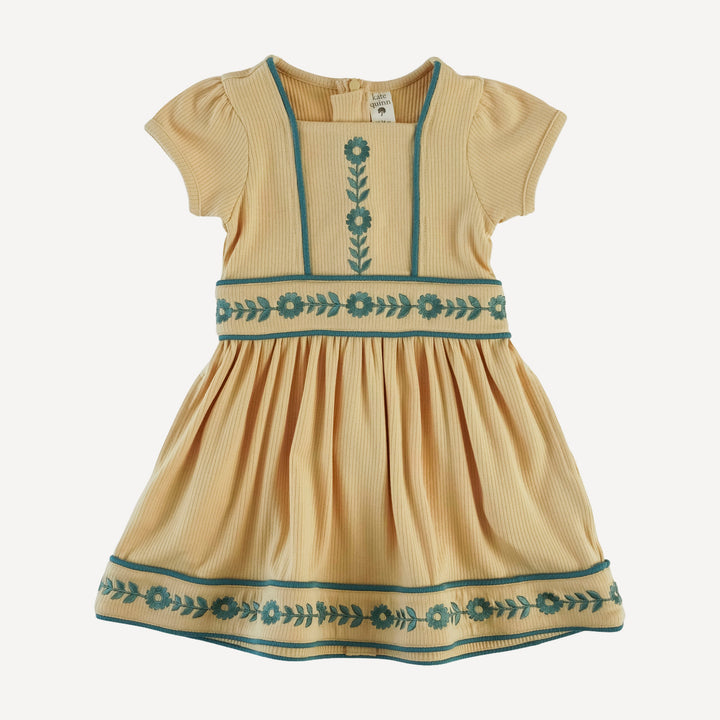 short puff sleeve piped square neck embroidered dress | marzipan | modal skinny rib