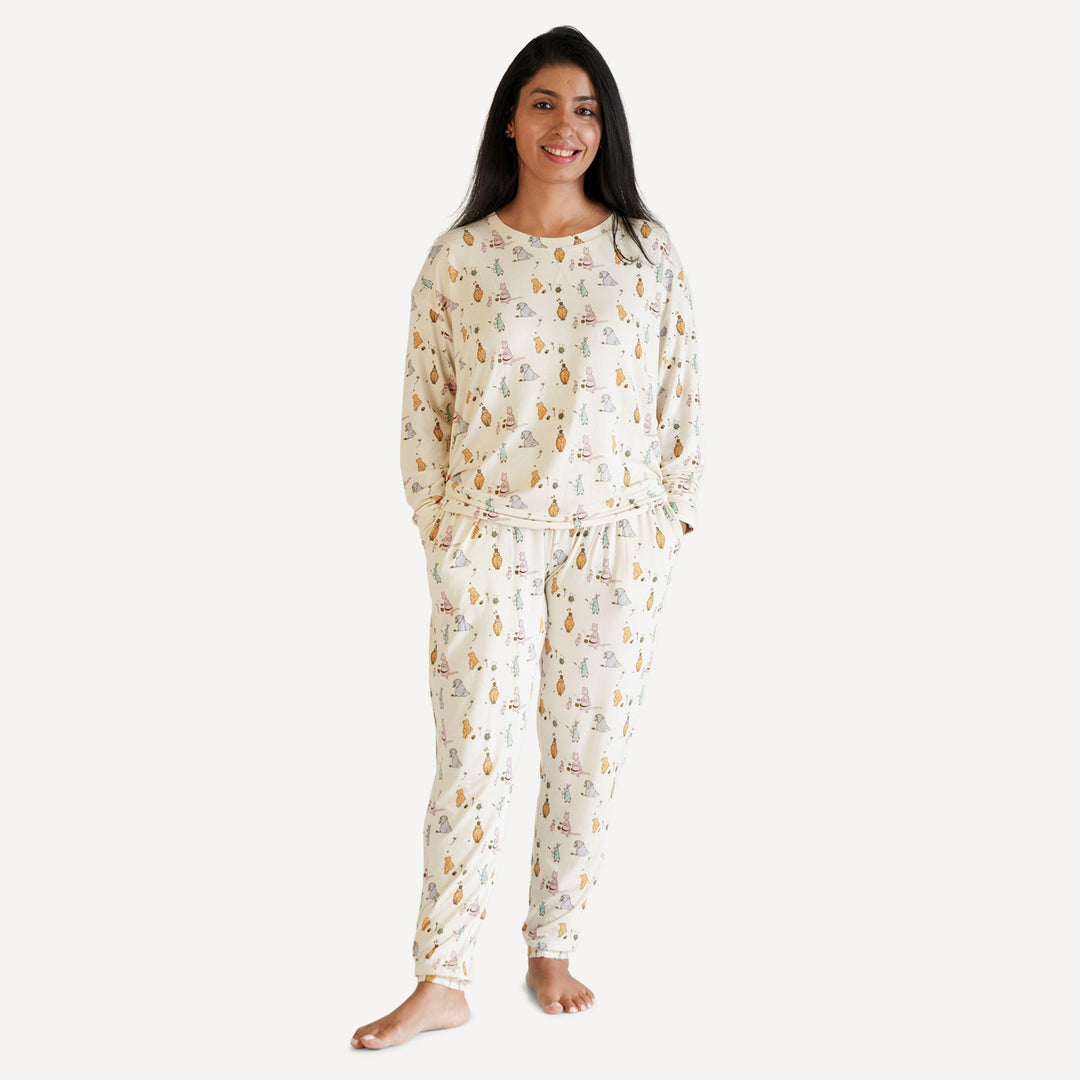 womens long sleeve boxy topstitch tee + relaxed jogger set | pooh & friends | bamboo