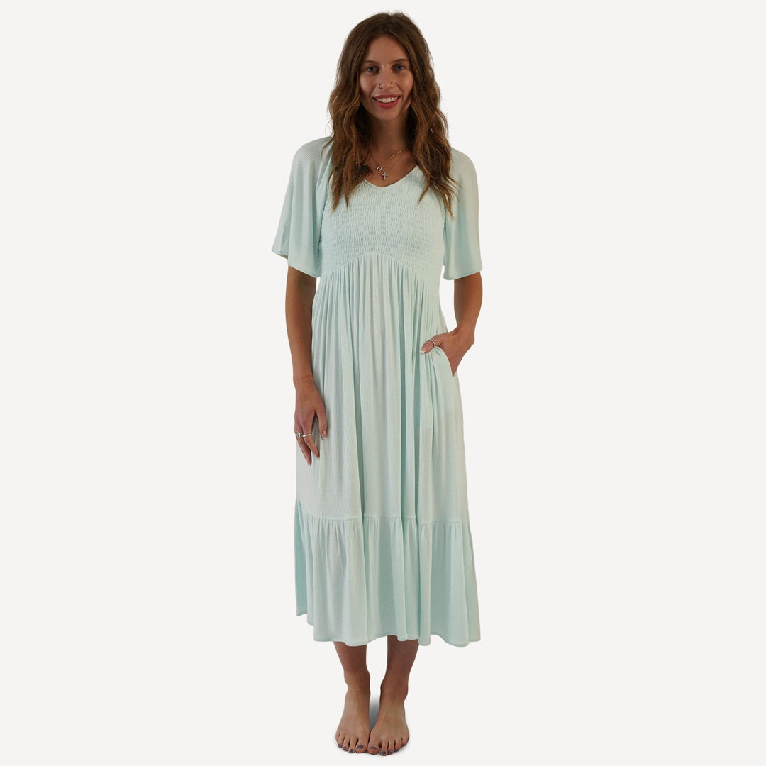 womens flutter sleeve midi dress womens flutter sleeve smocked midi dress | sea mist