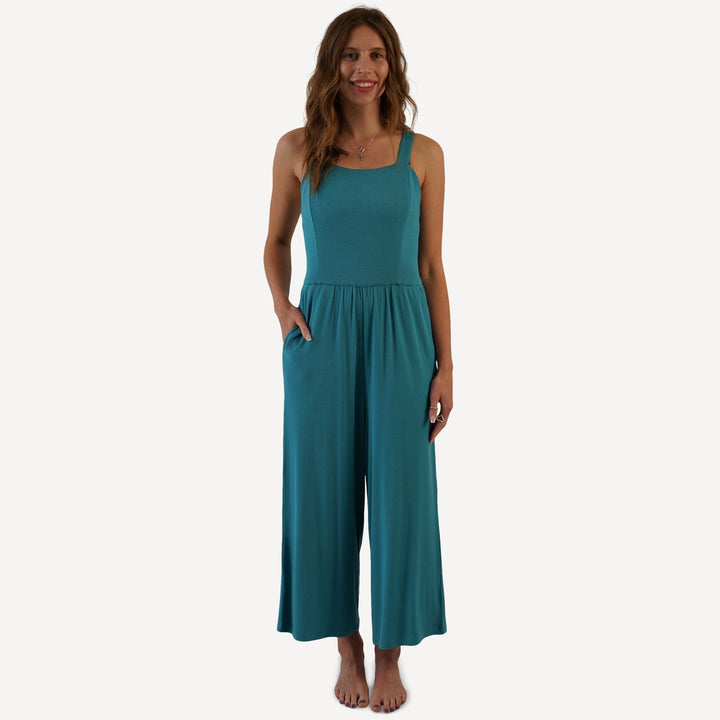 womens tie back jumpsuit | teal | modal skinny rib