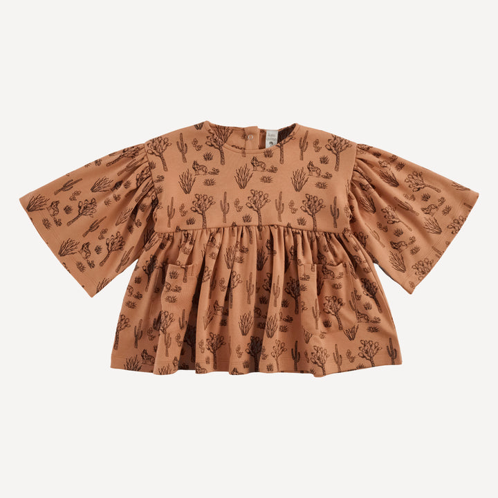 bell sleeve gathered tunic | neutral desert landscape | organic cotton interlock