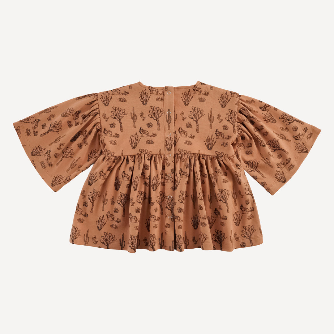 bell sleeve gathered tunic | neutral desert landscape | organic cotton interlock