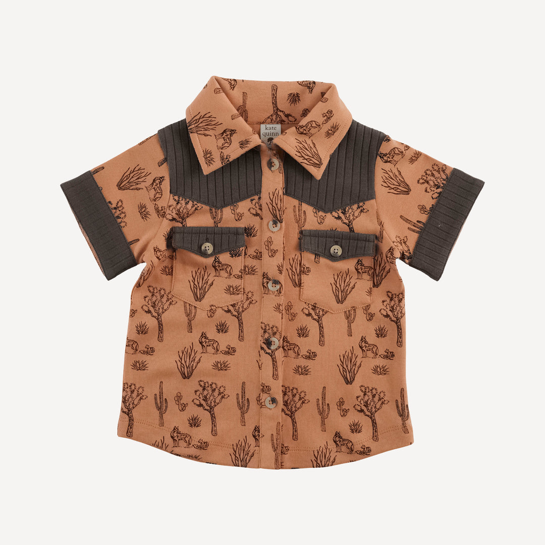short sleeve button down cowboy shirt | neutral desert landscape | organic cotton interlock