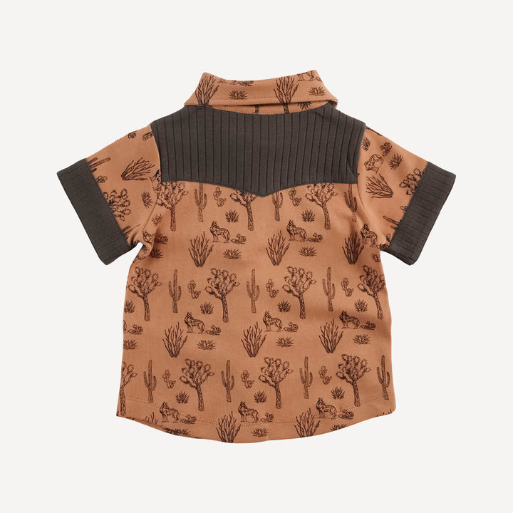 short sleeve button down cowboy shirt | neutral desert landscape | organic cotton interlock