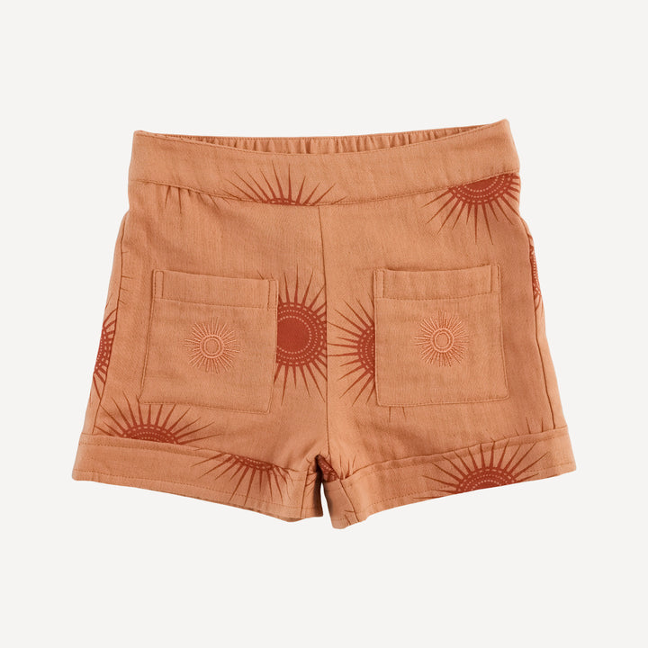 sun embroidered patch pocket short | mango sun | organic cotton gauze