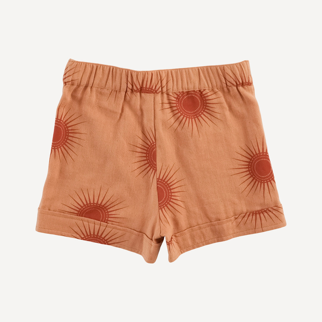 sun embroidered patch pocket short | mango sun | organic cotton gauze