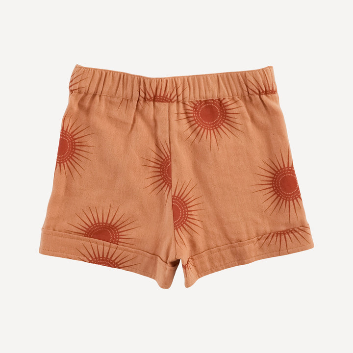 sun embroidered patch pocket short | mango sun | organic cotton gauze