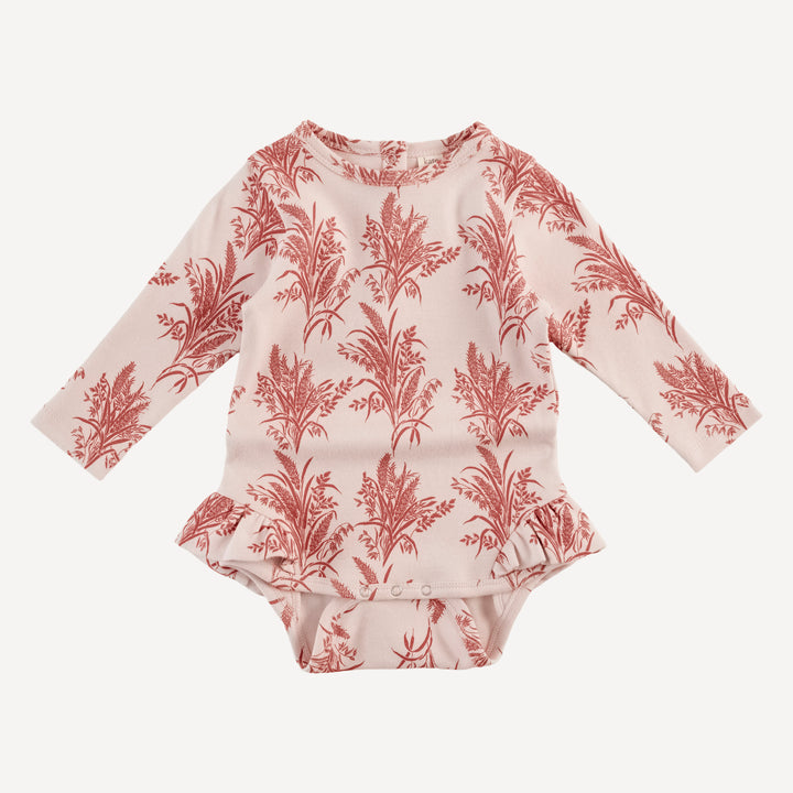 long sleeve ruffle leg bodysuit | mango wheatgrass | organic cotton interlock