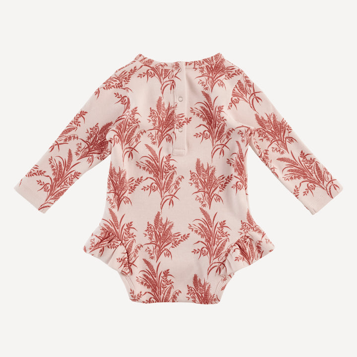 long sleeve ruffle leg bodysuit | mango wheatgrass | organic cotton interlock