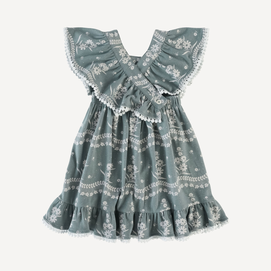 ruffle strap pom pom dress | storm floral lace | organic cotton interlock