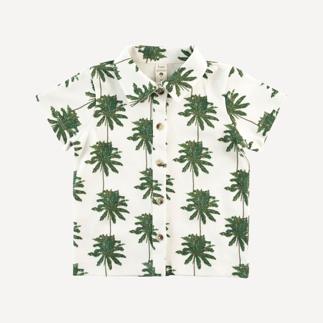 short sleeve button down shirt | green palm | organic cotton interlock