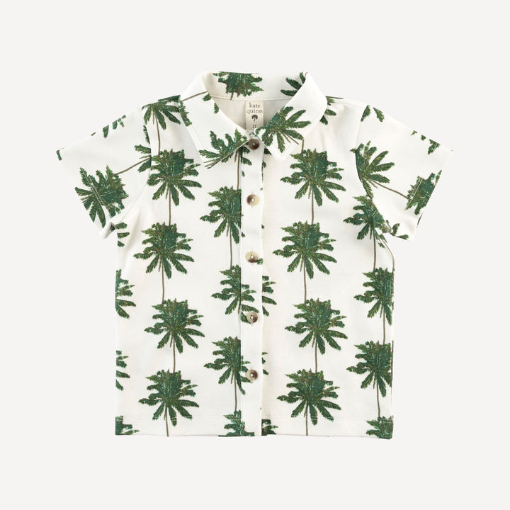 short sleeve button down shirt | green palm | organic cotton interlock