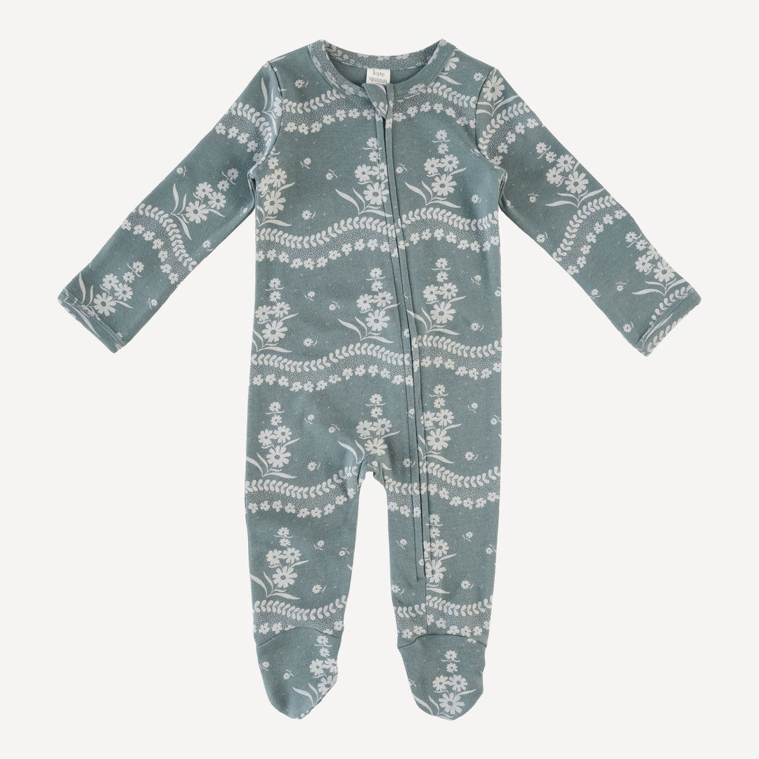 long sleeve zipper footie | storm floral lace | organic cotton interlock