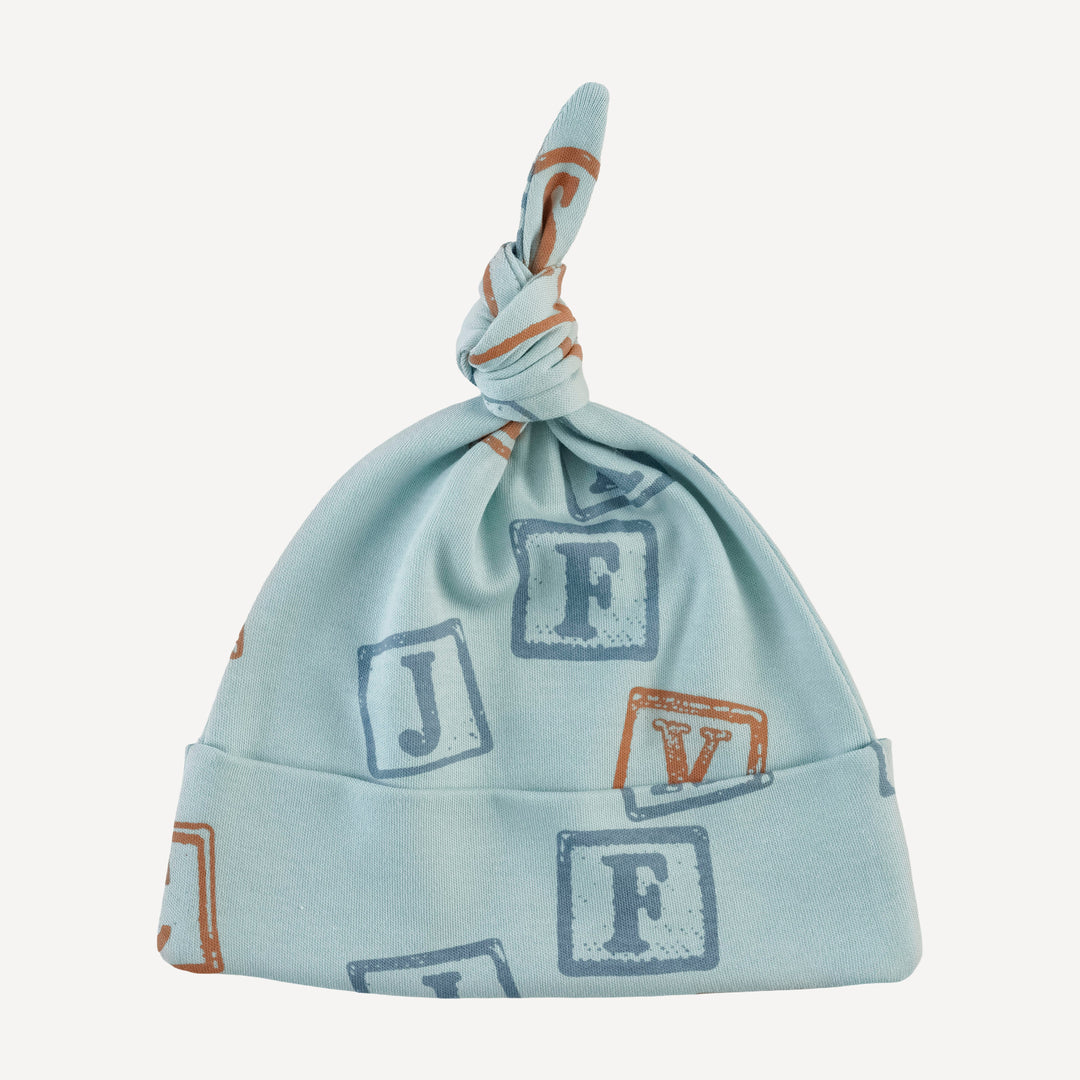 knot hat | blue alphabet | organic cotton interlock