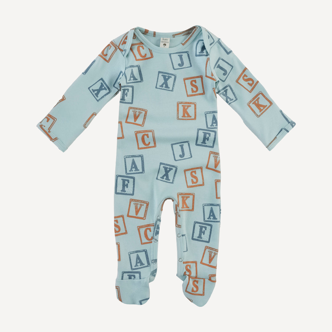 long sleeve lap neck footie | blue alphabet | organic cotton interlock