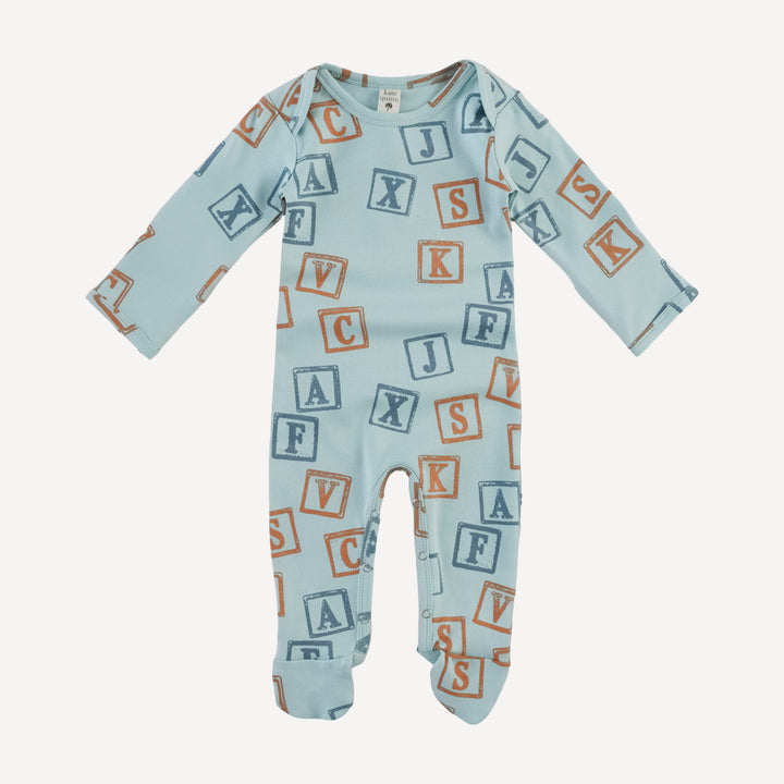 long sleeve lap neck footie | blue alphabet | organic cotton interlock