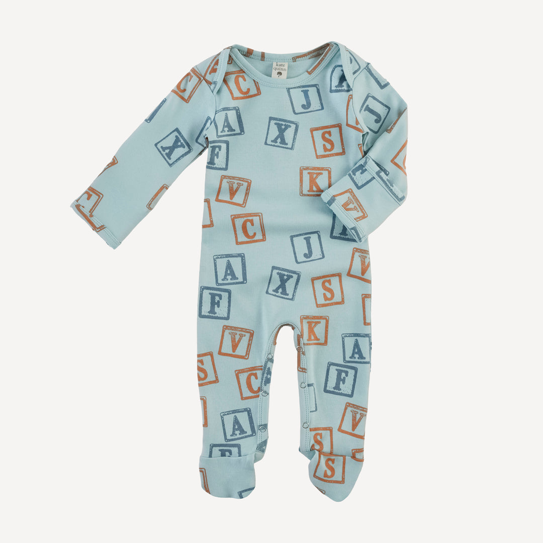 long sleeve lap neck footie | blue alphabet | organic cotton interlock