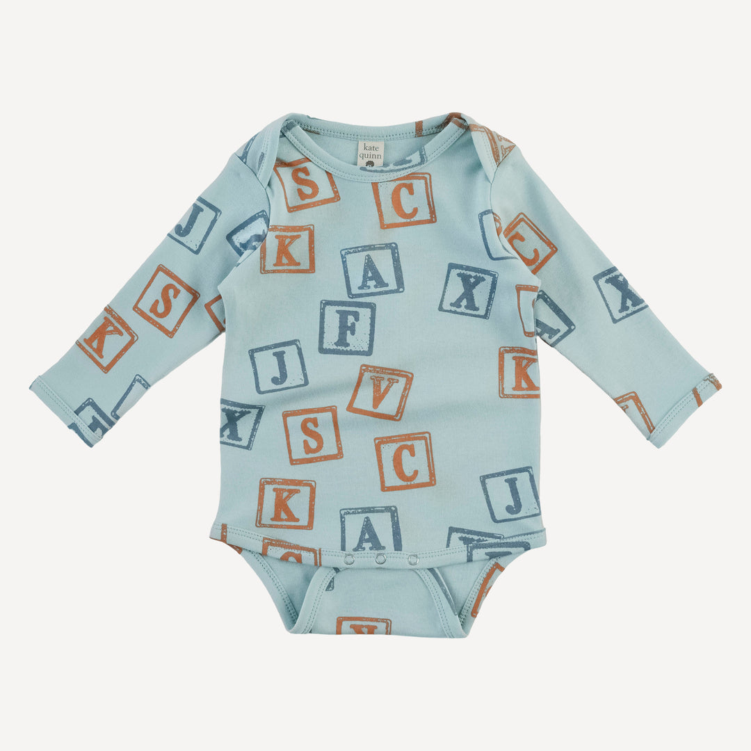 long sleeve lap neck bodysuit | blue alphabet | organic cotton interlock