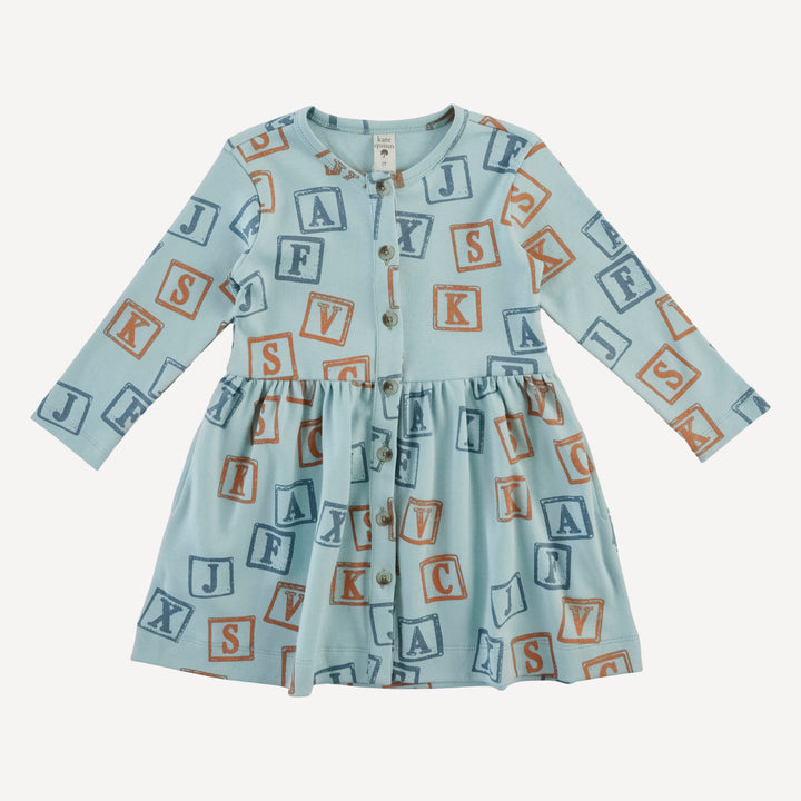 long sleeve button front dress | blue alphabet | organic cotton interlock