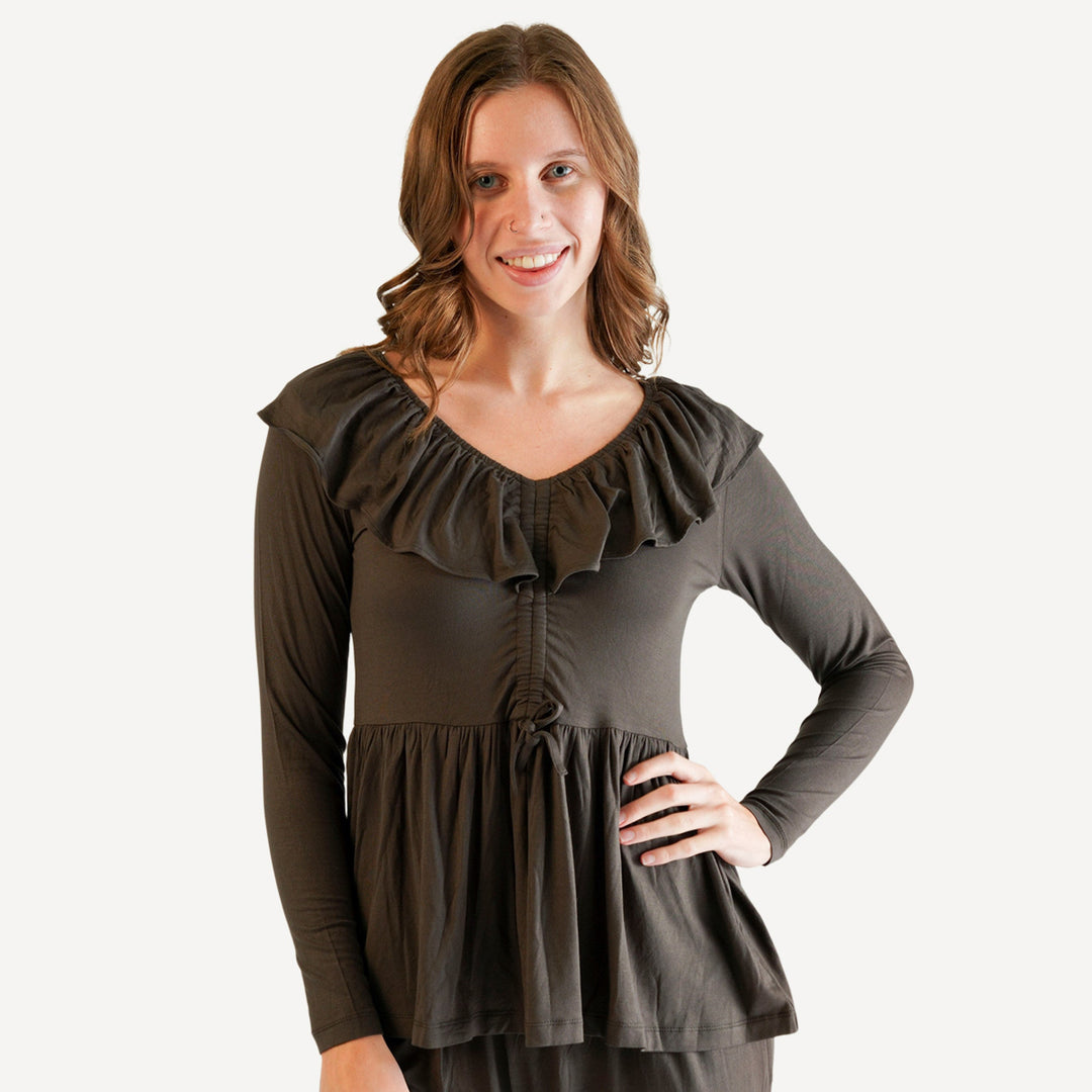 womens long sleeve v-neck ruffle top | beluga | bamboo