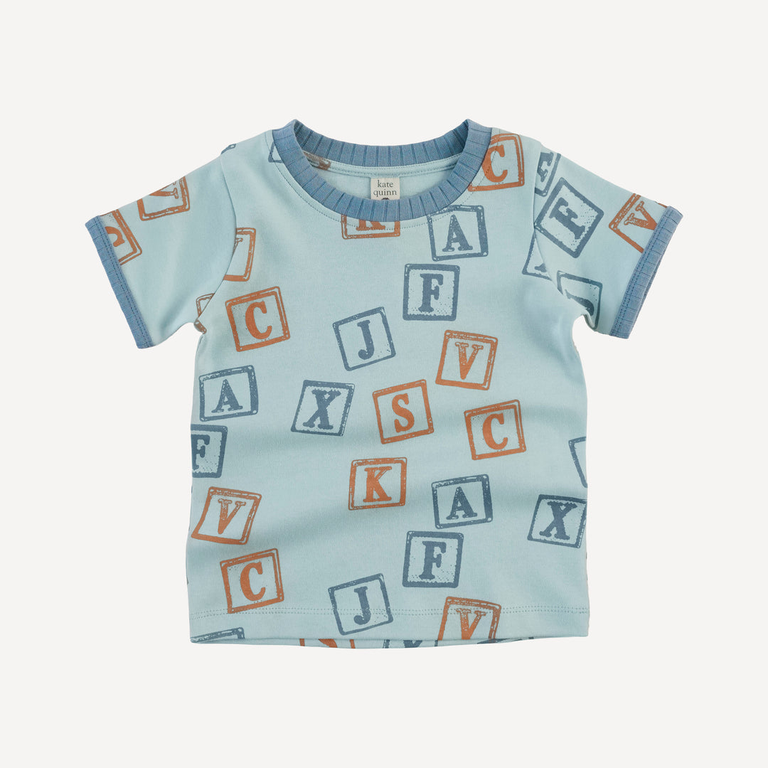 short sleeve ringer tee | blue alphabet | organic cotton interlock
