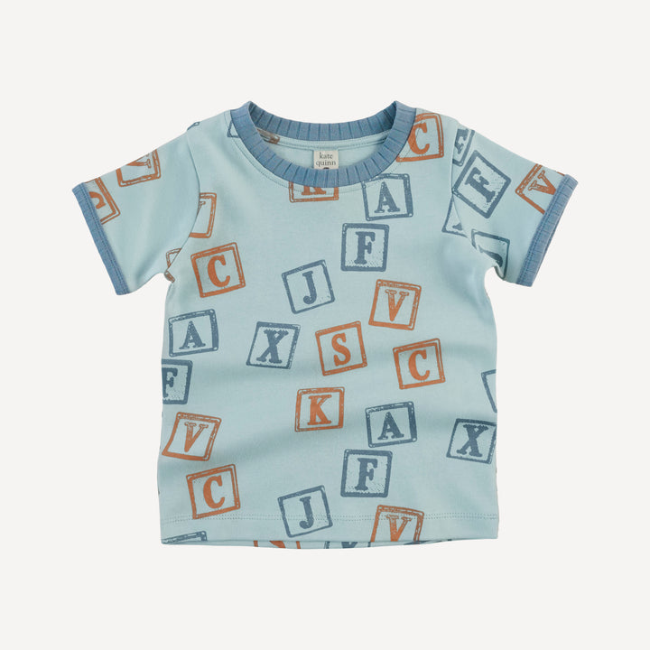 short sleeve ringer tee | blue alphabet | organic cotton interlock