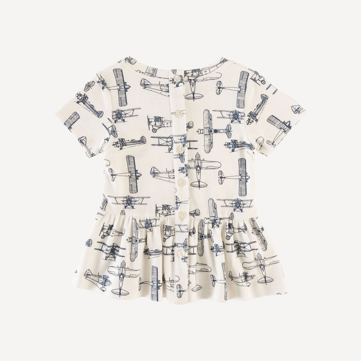 short sleeve drop waist gathered top | vintage airplane | organic cotton interlock