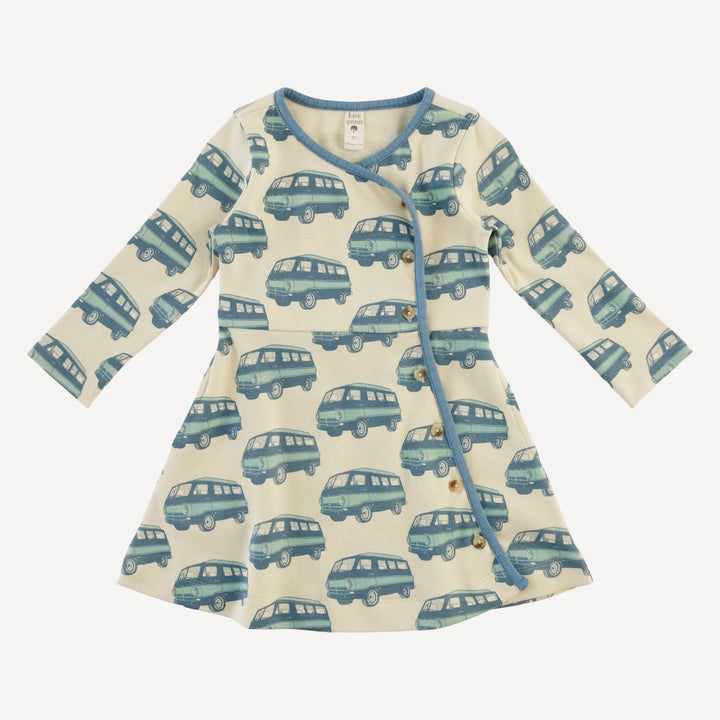 long sleeve button wrap dress | blue beach van | organic cotton interlock