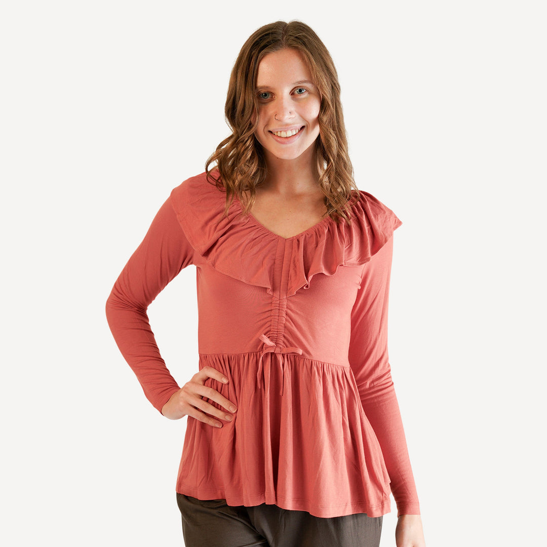 womens long sleeve v-neck ruffle top | rhubarb | bamboo