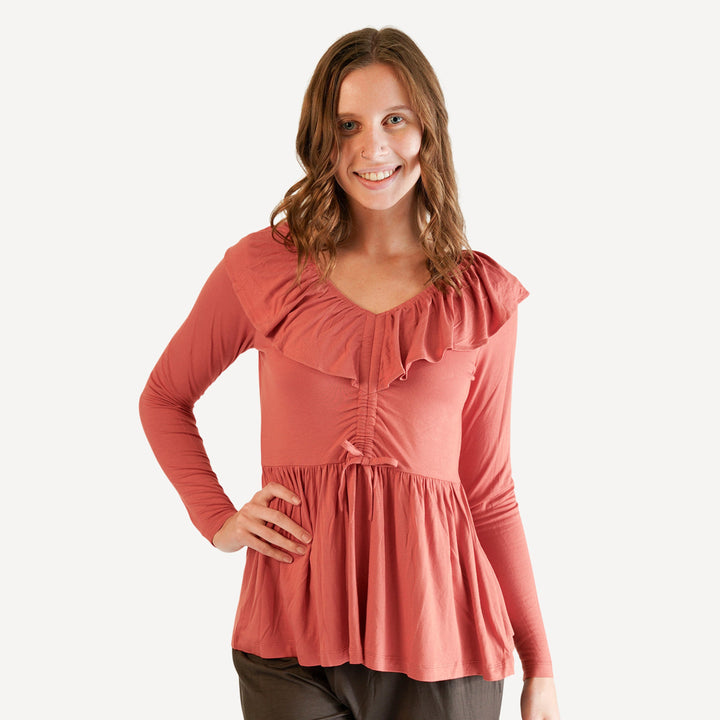 womens long sleeve v-neck ruffle top | rhubarb | bamboo