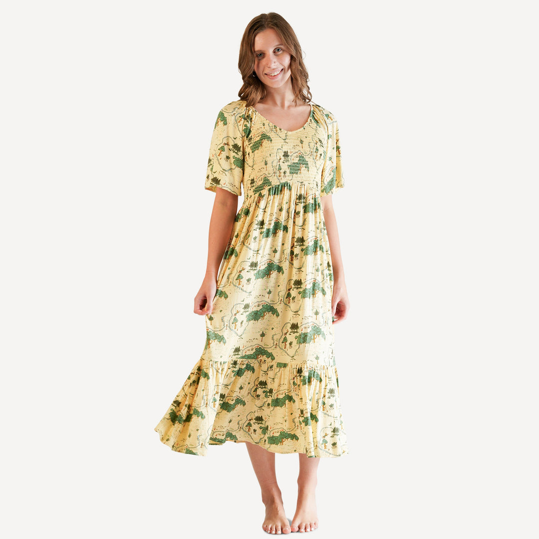 womens flutter sleeve smocked midi dress | map | bamboo