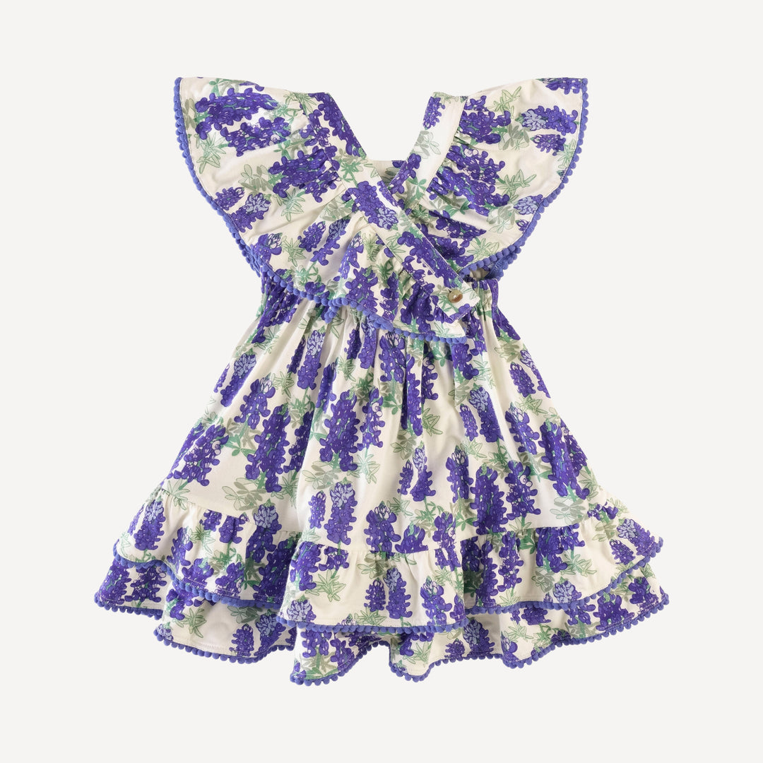 ruffle strap pom pom dress | blue bonnets | organic cotton jersey