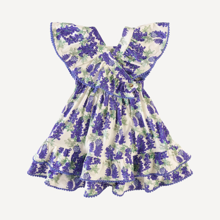 ruffle strap pom pom dress | blue bonnets | organic cotton jersey