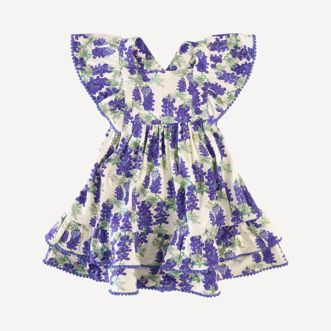 ruffle strap pom pom dress | blue bonnets | organic cotton jersey