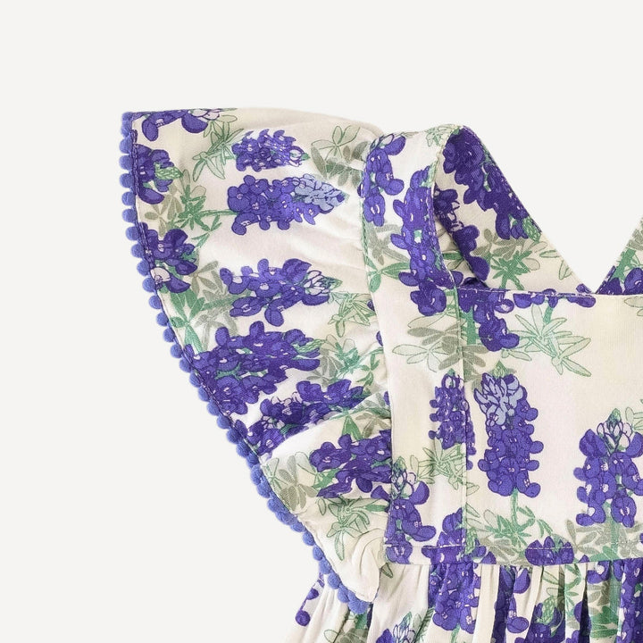 ruffle strap pom pom dress | blue bonnets | organic cotton jersey