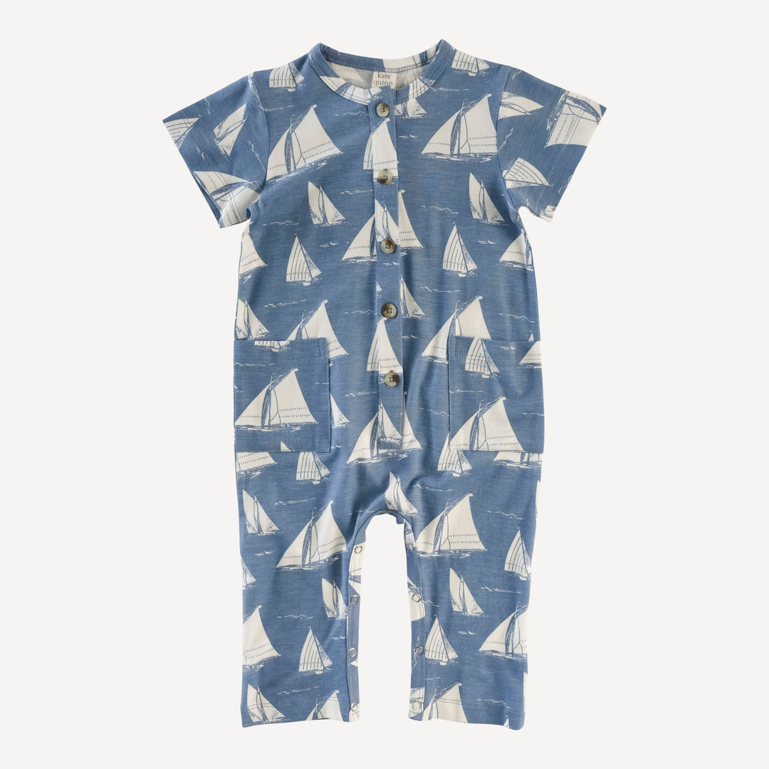 short sleeve button down pocket jumpsuit | mid-century sailing | bamboo