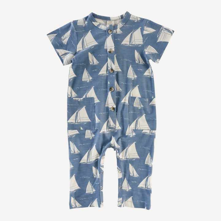short sleeve button down pocket jumpsuit | mid-century sailing | bamboo