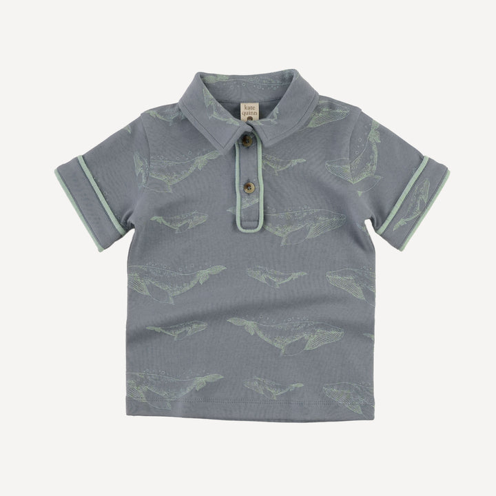 short sleeve piped polo tee | blue whale | organic cotton interlock