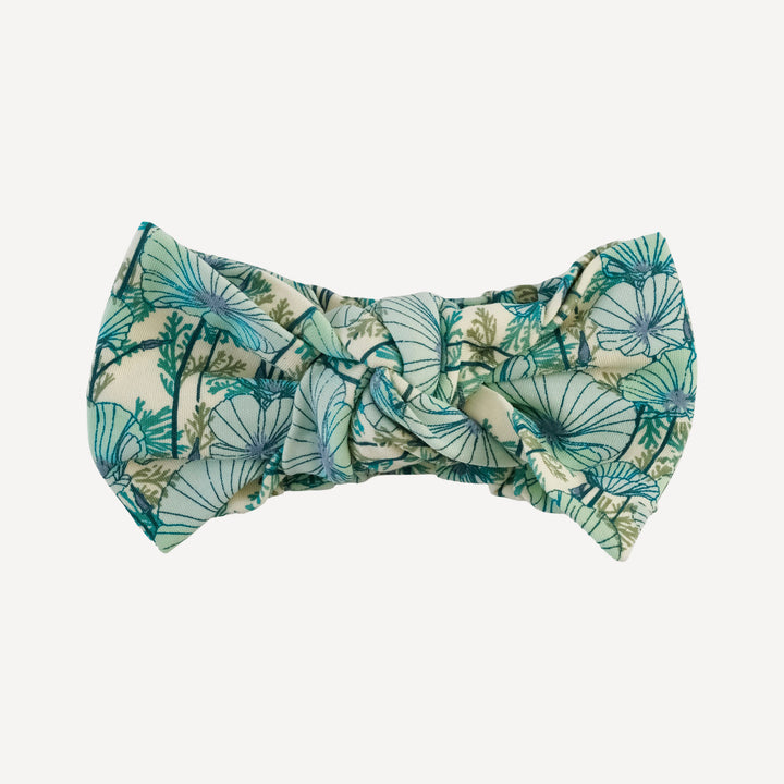 large bow elastic headband | small aqua poppies | organic cotton interlock